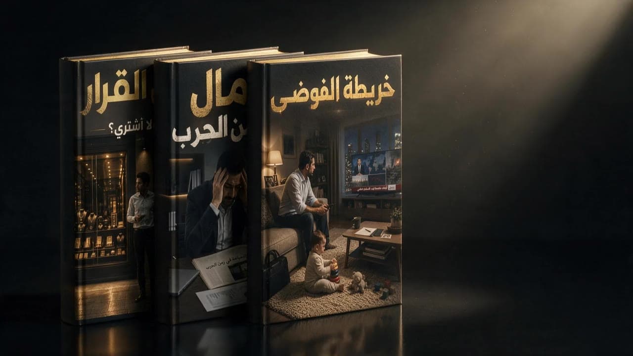 ثلاثة كتب تُسحب من علبتها واحدًا تلو الآخر على سطح أسود عاكس